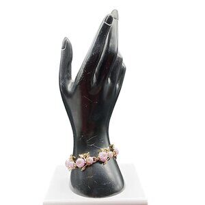 Vintage Gold-Tone Bracelet with Pink Lucite Pumpkin Charms & Floral Crystal